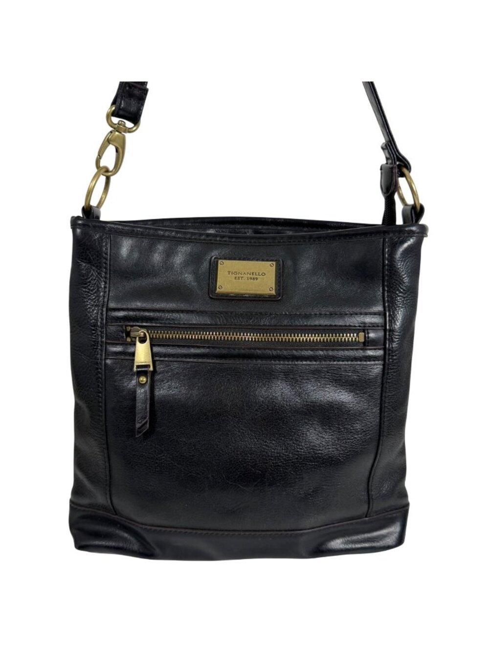 TIGNANELLO Black Leather Zipper Top Adjustable Shoulder Bag Crossbody Bag